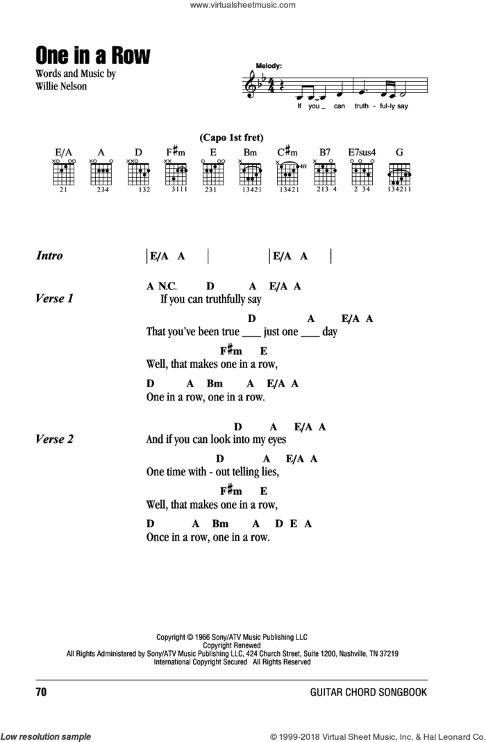 One In A Row sheet music for guitar (chords) by Willie Nelson, intermediate skill level