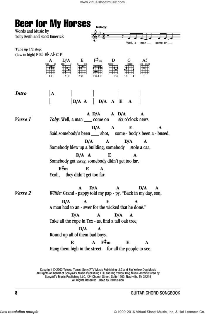 Beer For My Horses sheet music for guitar (chords) by Toby Keith, Willie Nelson and Scotty Emerick, intermediate skill level