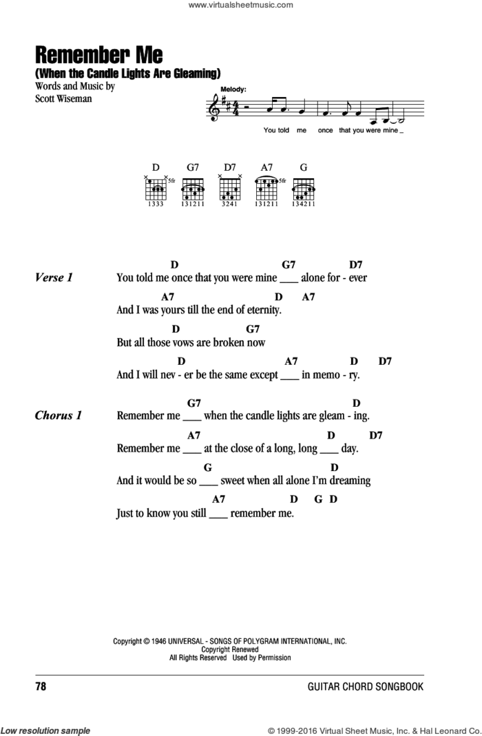 Remember Me (When The Candle Lights Are Gleaming) sheet music for guitar (chords) by Willie Nelson and Scott Wiseman, intermediate skill level