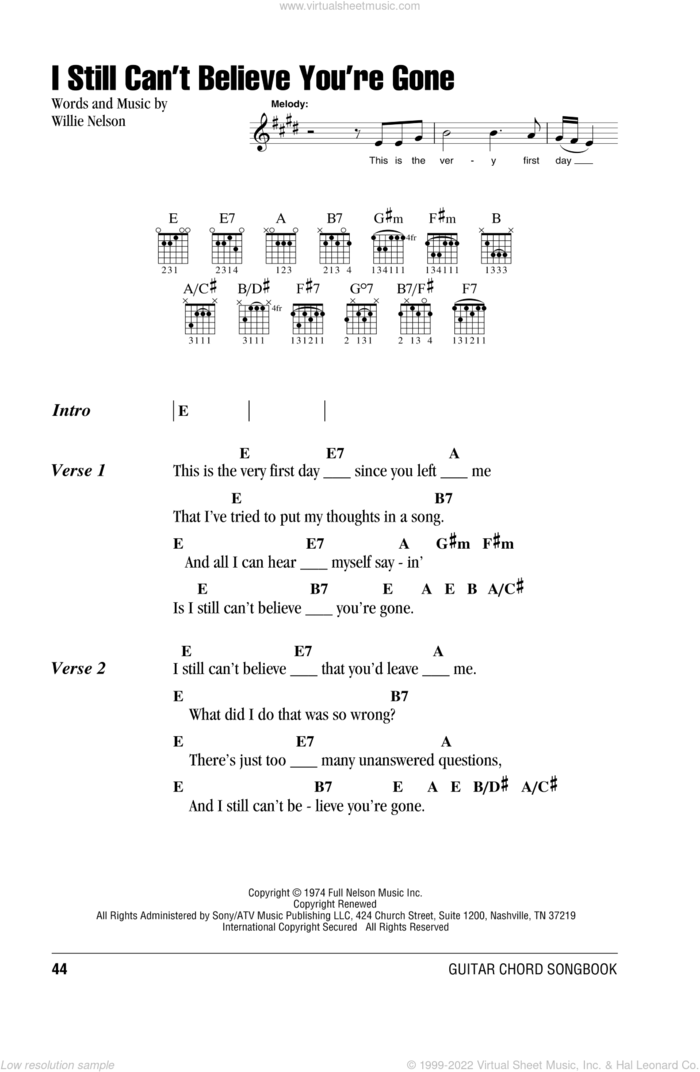 I Still Can't Believe You're Gone sheet music for guitar (chords) by Willie Nelson, intermediate skill level