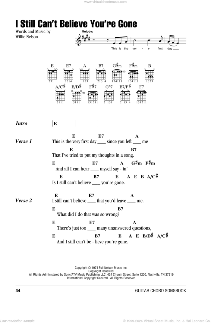 I Still Can't Believe You're Gone sheet music for guitar (chords) by Willie Nelson, intermediate skill level