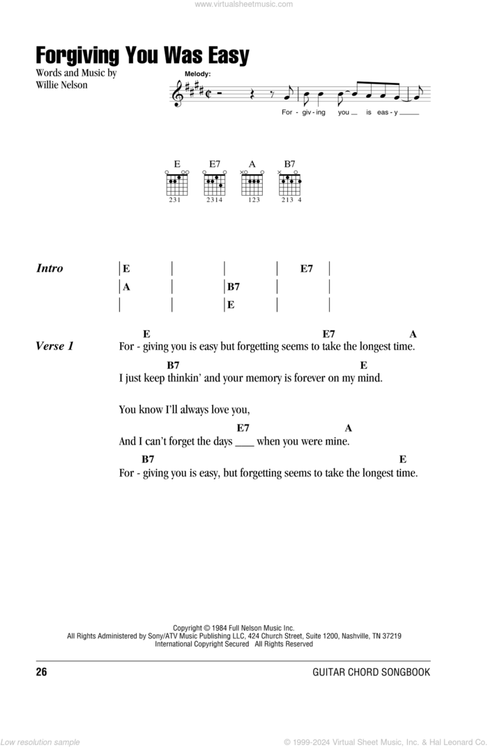 Forgiving You Was Easy sheet music for guitar (chords) by Willie Nelson, intermediate skill level