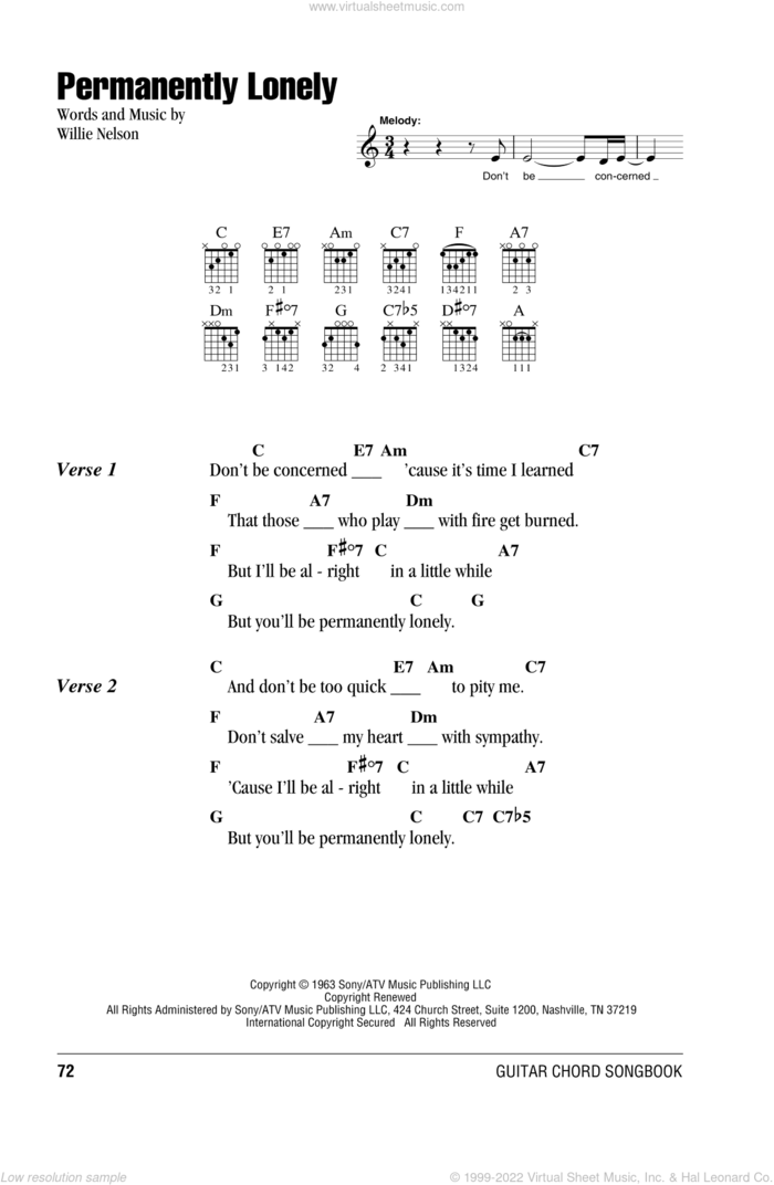 Permanently Lonely sheet music for guitar (chords) by Willie Nelson, intermediate skill level