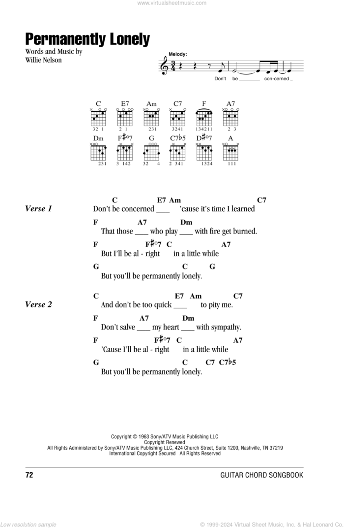 Permanently Lonely sheet music for guitar (chords) by Willie Nelson, intermediate skill level