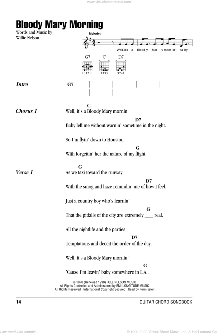 Bloody Mary Morning sheet music for guitar (chords) by Willie Nelson, intermediate skill level