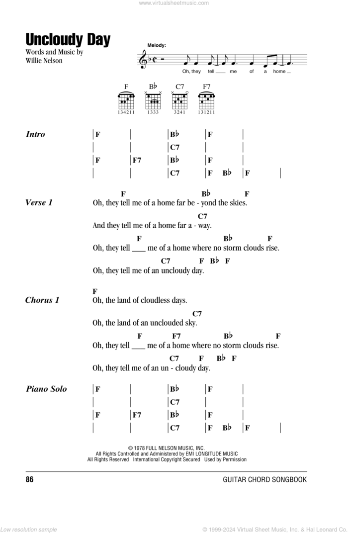Uncloudy Day sheet music for guitar (chords) by Willie Nelson, intermediate skill level