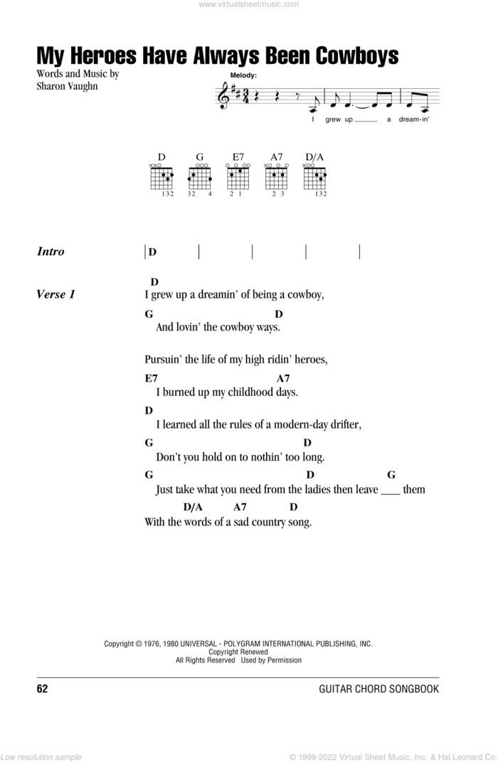 My Heroes Have Always Been Cowboys sheet music for guitar (chords) by Willie Nelson and Sharon Vaughn, intermediate skill level
