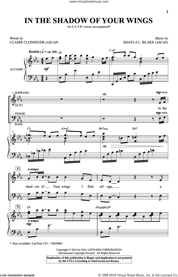 In The Shadow Of Your Wings sheet music for choir (SATB: soprano, alto, tenor, bass) by Shayla L. Blake and Claire Cloninger, intermediate skill level