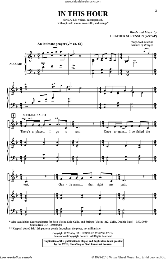 In This Hour sheet music for choir (SATB: soprano, alto, tenor, bass) by Heather Sorenson, intermediate skill level