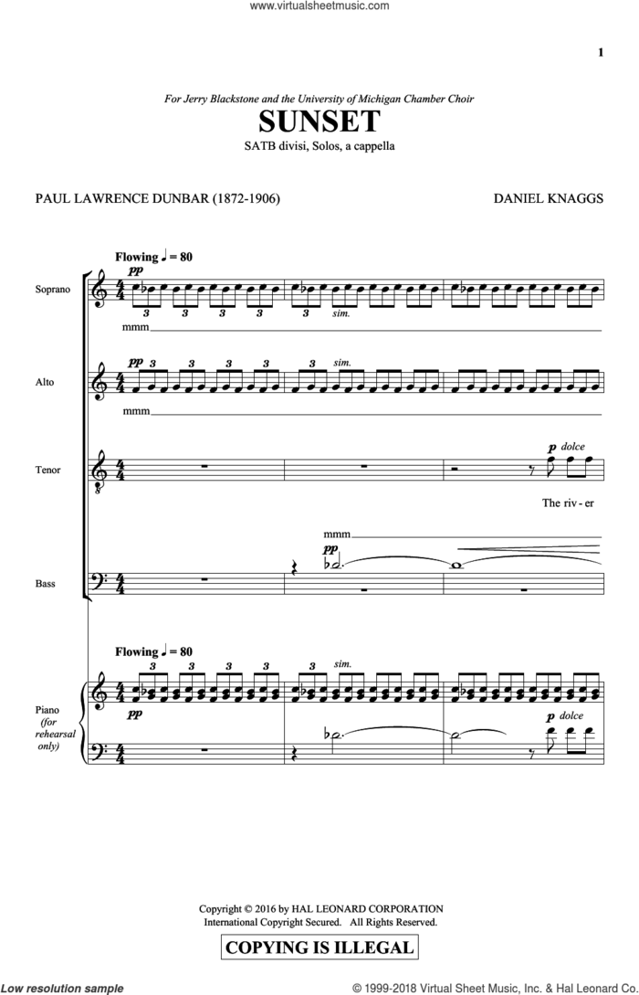 Sunset sheet music for choir (SATB: soprano, alto, tenor, bass) by Daniel Knaggs, intermediate skill level