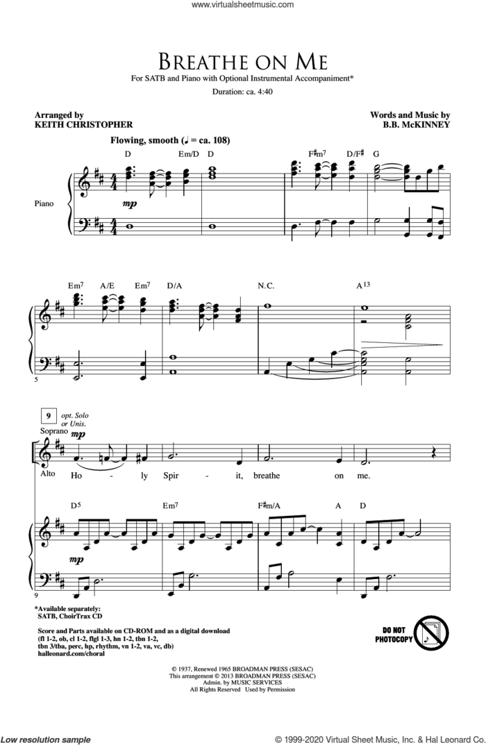 Breathe On Me sheet music for choir (SATB: soprano, alto, tenor, bass) by Keith Christopher and B.B. McKinney, intermediate skill level