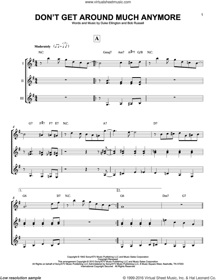 Don't Get Around Much Anymore sheet music for guitar ensemble by Duke Ellington and Bob Russell, intermediate skill level