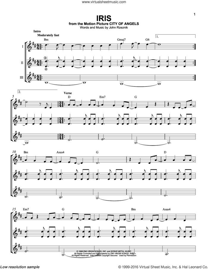 Iris sheet music for guitar ensemble by Goo Goo Dolls and John Rzeznik, intermediate skill level