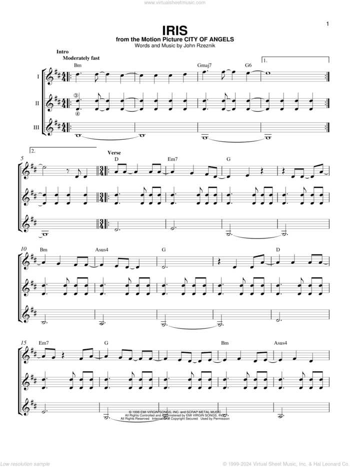 Iris sheet music for guitar ensemble by Goo Goo Dolls and John Rzeznik, intermediate skill level