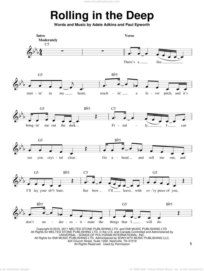 Rolling In The Deep sheet music for voice solo by Adele, Adele Adkins and Paul Epworth, intermediate skill level