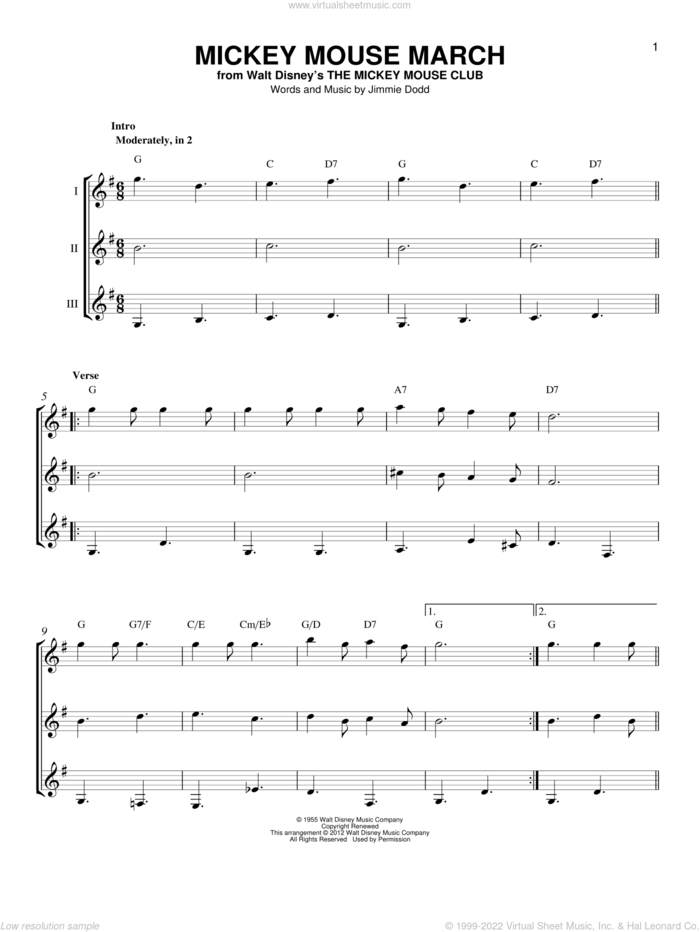 Mickey Mouse March (from The Mickey Mouse Club) sheet music for guitar ensemble by Jimmie Dodd, intermediate skill level