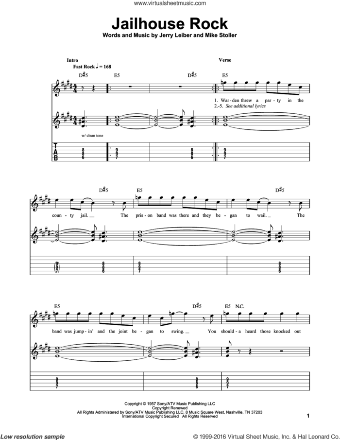 Jailhouse Rock sheet music for guitar solo (easy tablature) by Elvis Presley, Jerry Leiber and Mike Stoller, easy guitar (easy tablature)