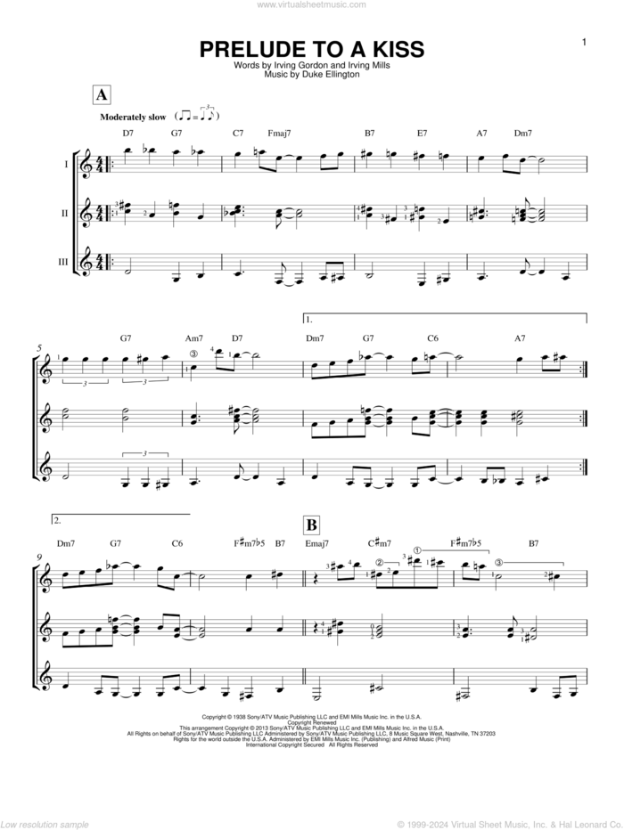 Prelude To A Kiss sheet music for guitar ensemble by Duke Ellington, Irving Gordon and Irving Mills, intermediate skill level