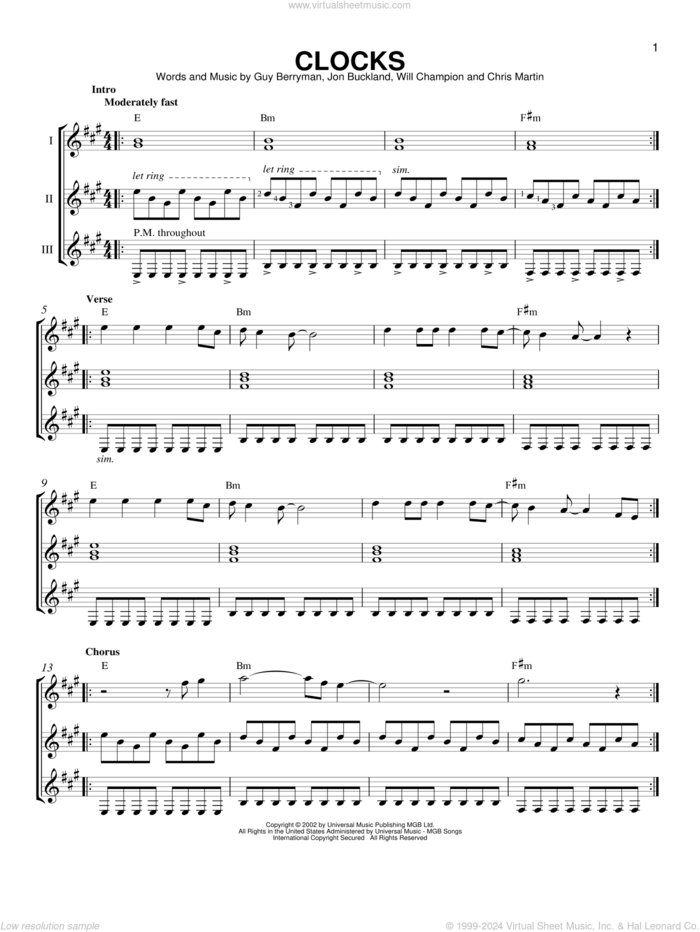 Clocks sheet music for guitar ensemble by Coldplay, Chris Martin, Guy Berryman, Jon Buckland and Will Champion, intermediate skill level