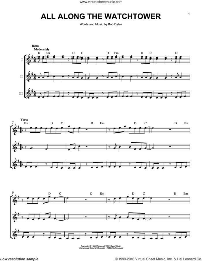 All Along The Watchtower sheet music for guitar ensemble by Jimi Hendrix, The Jimi Hendrix Experience, U2 and Bob Dylan, intermediate skill level