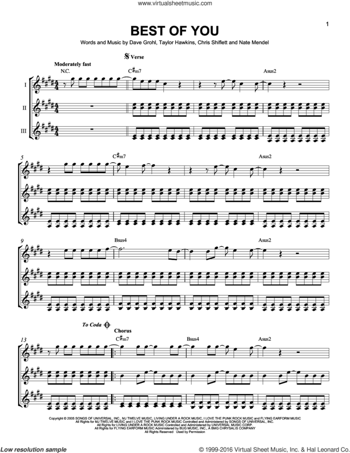 Best Of You sheet music for guitar ensemble by Foo Fighters, Chris Shiflett, Dave Grohl, Nate Mendel and Taylor Hawkins, intermediate skill level