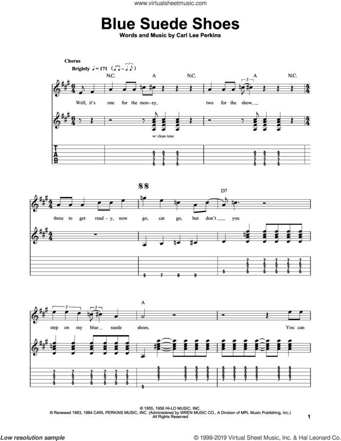Blue Suede Shoes sheet music for guitar solo (easy tablature) by Elvis Presley and Carl Perkins, easy guitar (easy tablature)