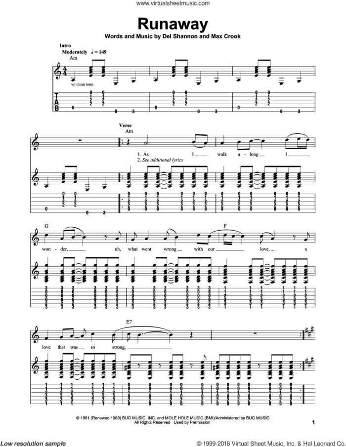 Runaway sheet music for guitar solo (easy tablature) by Del Shannon and Max Crook, easy guitar (easy tablature)