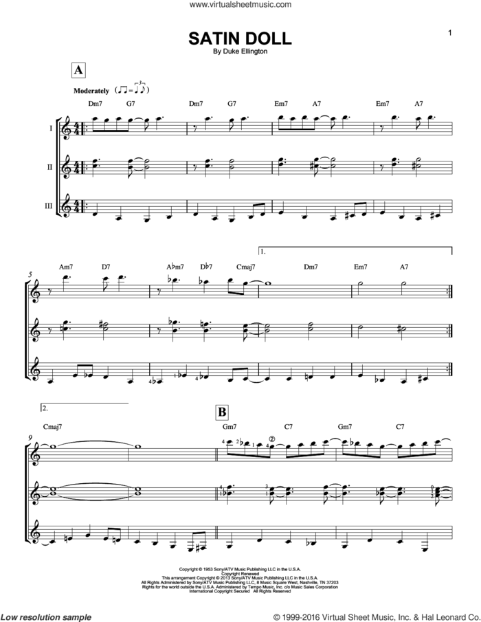 Satin Doll sheet music for guitar ensemble by Duke Ellington, Billy Strayhorn and Johnny Mercer, intermediate skill level