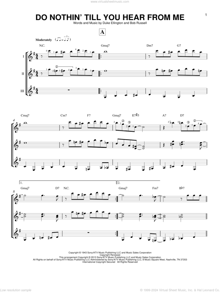 Do Nothin' Till You Hear From Me sheet music for guitar ensemble by Duke Ellington and Bob Russell, intermediate skill level