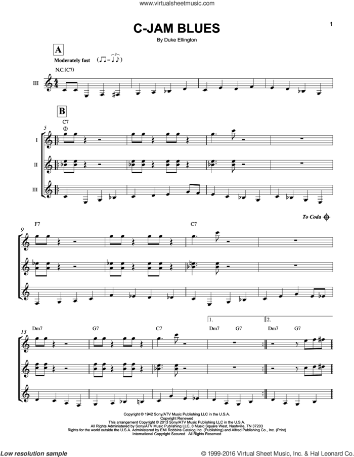 C-Jam Blues sheet music for guitar ensemble by Duke Ellington, intermediate skill level