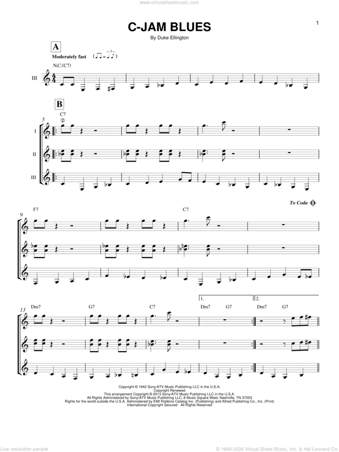 C-Jam Blues sheet music for guitar ensemble by Duke Ellington, intermediate skill level