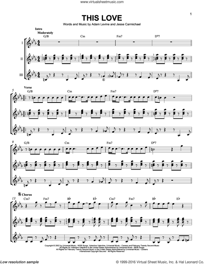 This Love sheet music for guitar ensemble by Maroon 5, Adam Levine and Jesse Carmichael, intermediate skill level