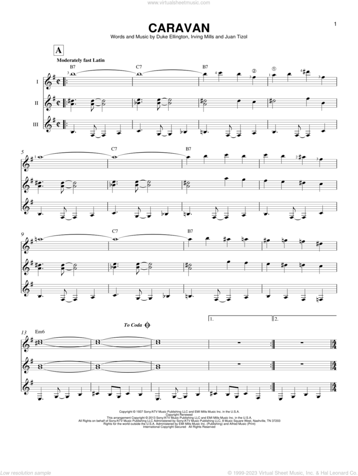Caravan sheet music for guitar ensemble by Duke Ellington, Billy Eckstine, Duke Ellington and his Orchestra, Ralph Marterie, Irving Mills and Juan Tizol, intermediate skill level