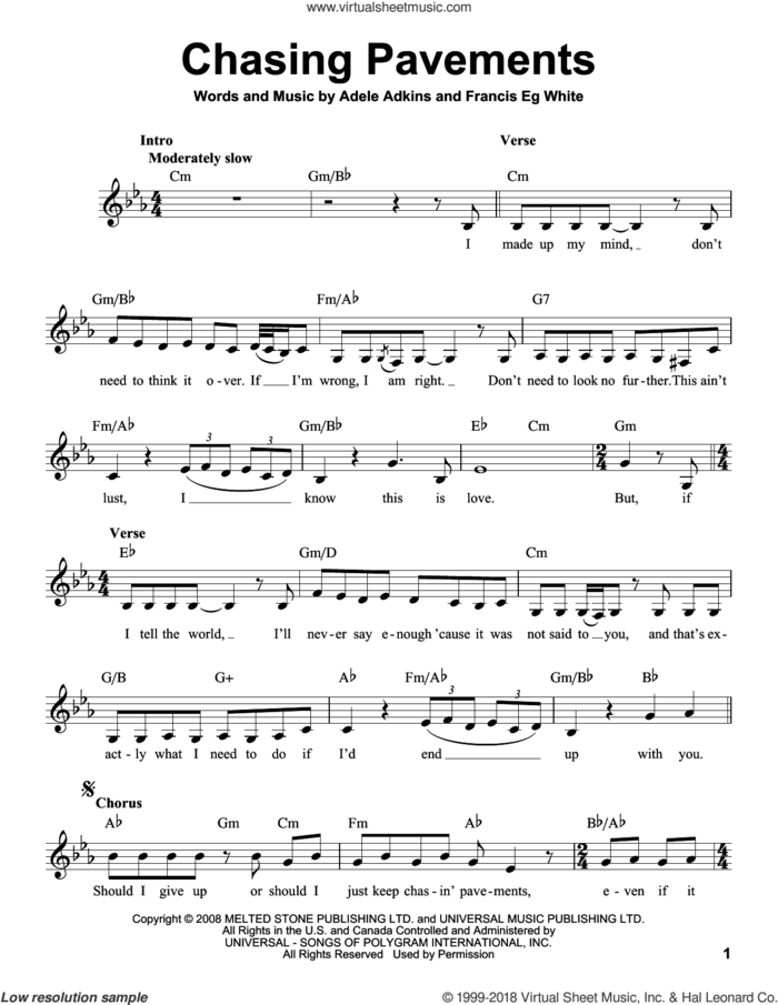 Chasing Pavements sheet music for voice solo by Adele, Adele Adkins and Francis White, intermediate skill level