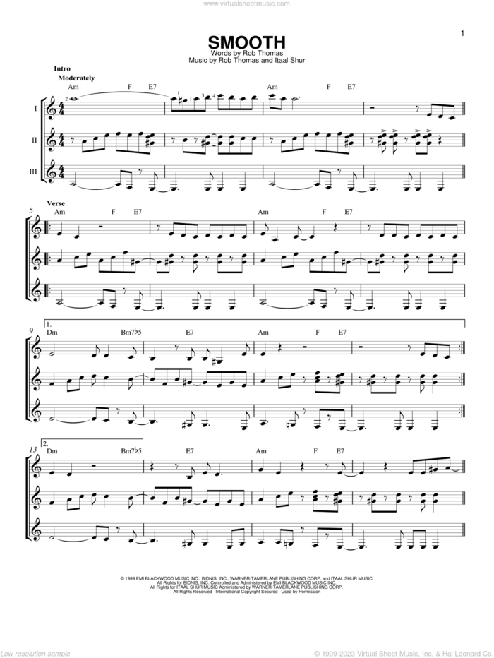 Smooth (feat. Rob Thomas) sheet music for guitar ensemble by Santana featuring Rob Thomas, Carlos Santana, Itaal Shur and Rob Thomas, intermediate skill level