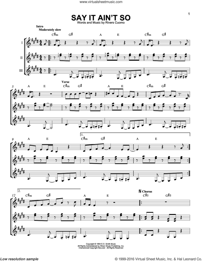 Say It Ain't So sheet music for guitar ensemble by Weezer and Rivers Cuomo, intermediate skill level