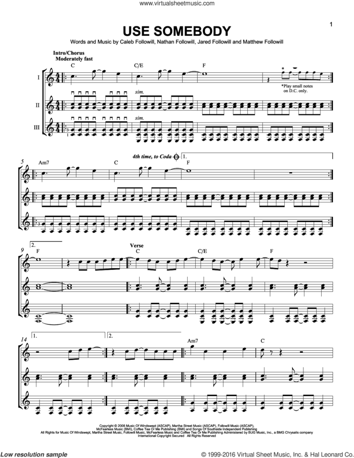 Use Somebody sheet music for guitar ensemble by Kings Of Leon, Caleb Followill, Jared Followill, Matthew Followill and Nathan Followill, intermediate skill level