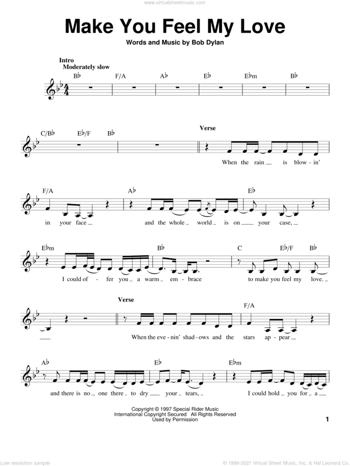 Make You Feel My Love sheet music for voice solo by Adele and Bob Dylan, intermediate skill level