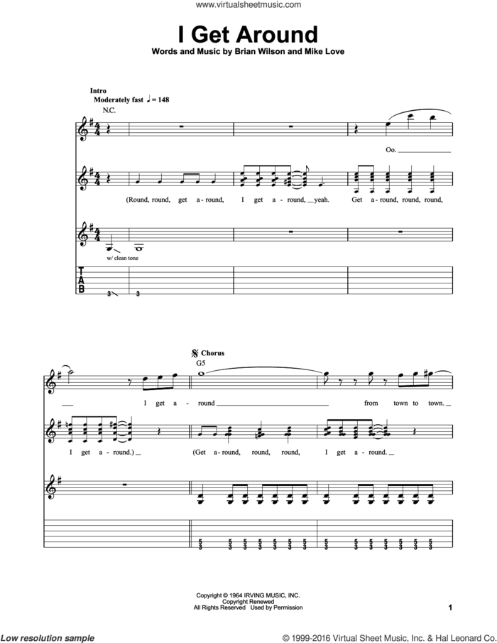 I Get Around sheet music for guitar solo (easy tablature) by The Beach Boys, Brian Wilson and Mike Love, easy guitar (easy tablature)