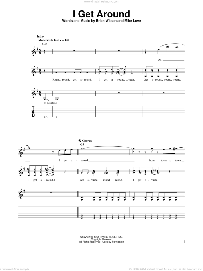 I Get Around sheet music for guitar solo (easy tablature) by The Beach Boys, Brian Wilson and Mike Love, easy guitar (easy tablature)