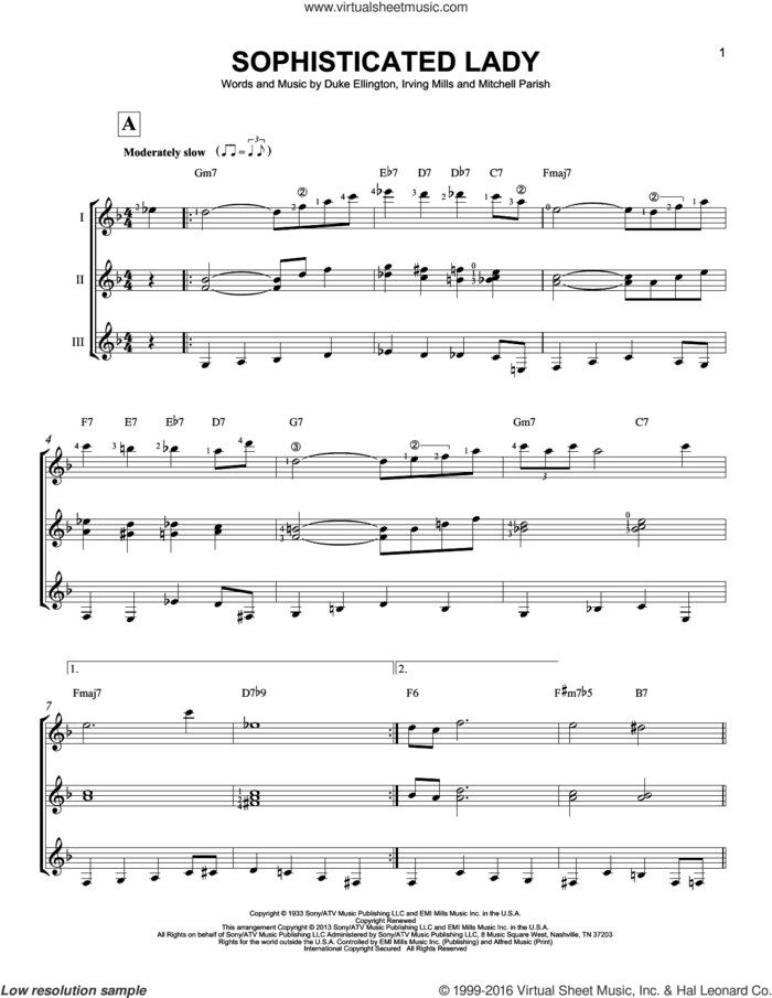 Sophisticated Lady sheet music for guitar ensemble by Duke Ellington, Irving Mills and Mitchell Parish, intermediate skill level