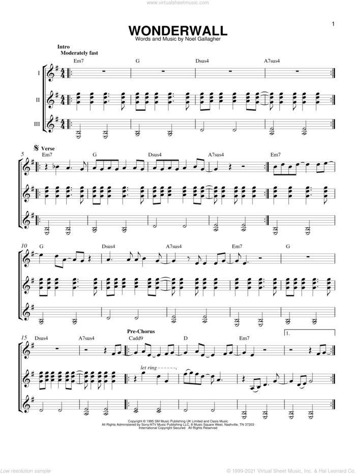 Wonderwall sheet music for guitar ensemble by Oasis and Noel Gallagher, intermediate skill level
