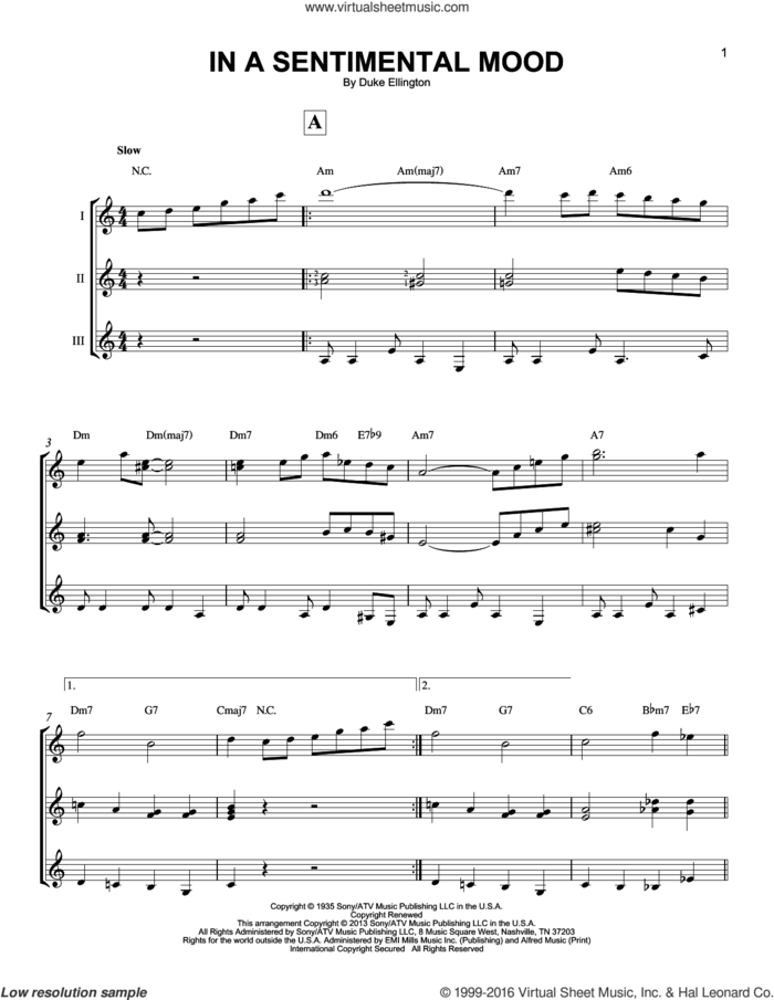 In A Sentimental Mood sheet music for guitar ensemble by Duke Ellington, Irving Mills and Manny Kurtz, intermediate skill level