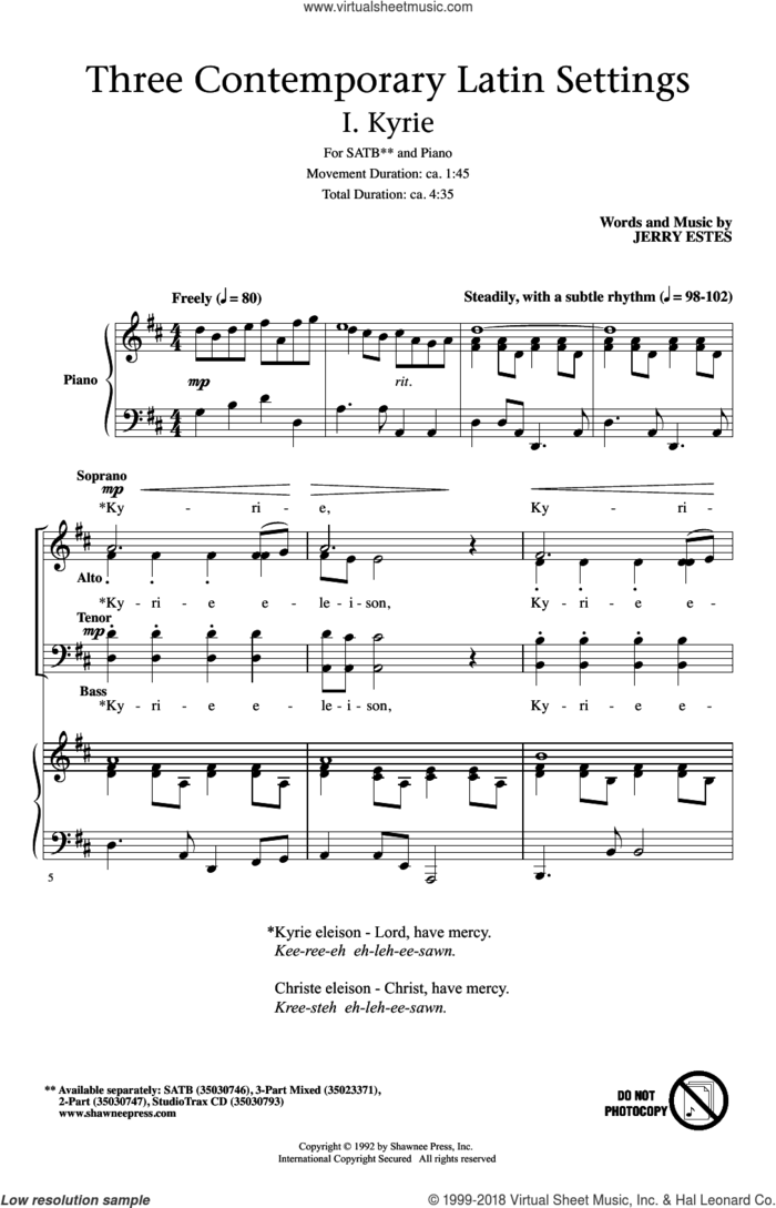 Three Contemporary Latin Settings sheet music for choir (SATB: soprano, alto, tenor, bass) by Jerry Estes, intermediate skill level
