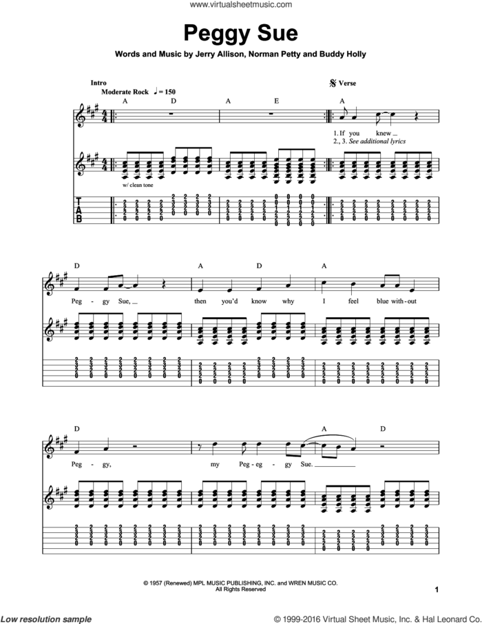 Peggy Sue sheet music for guitar solo (easy tablature) by Buddy Holly, Jerry Allison and Norman Petty, easy guitar (easy tablature)