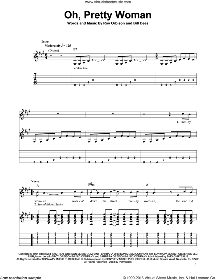 Oh, Pretty Woman sheet music for guitar solo (easy tablature) by Roy Orbison, Edward Van Halen and Bill Dees, easy guitar (easy tablature)