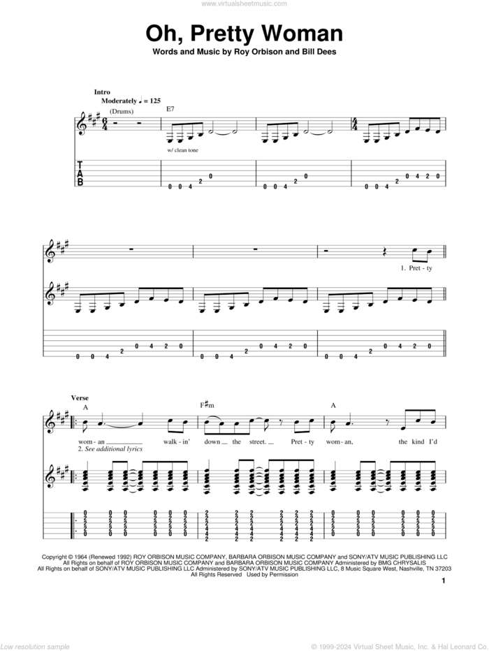 Oh, Pretty Woman sheet music for guitar solo (easy tablature) by Roy Orbison, Edward Van Halen and Bill Dees, easy guitar (easy tablature)