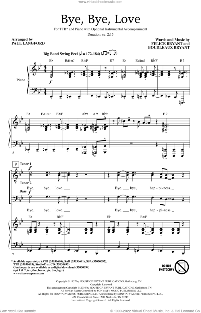 Bye Bye Love sheet music for choir (TTBB: tenor, bass) by Boudleaux Bryant, Paul Langford, The Everly Brothers, Webb Pierce and Felice Bryant, intermediate skill level