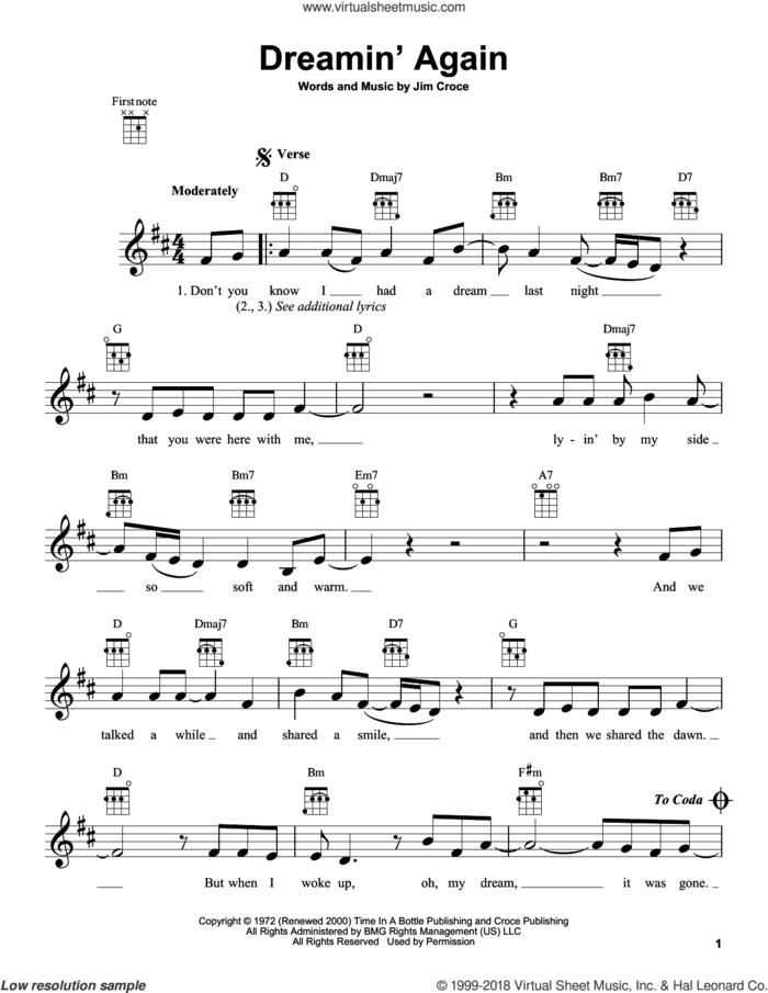 Dreamin' Again sheet music for ukulele by Jim Croce, intermediate skill level