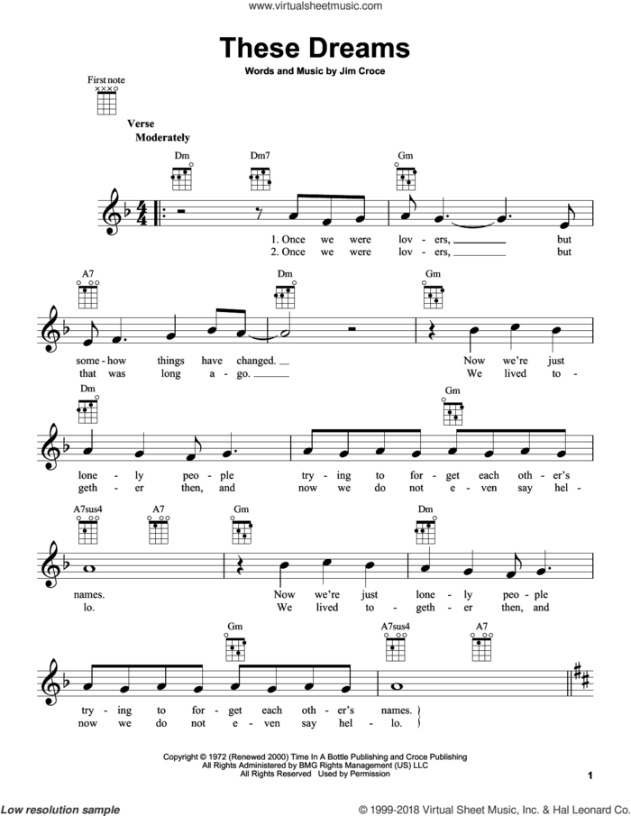These Dreams sheet music for ukulele by Jim Croce, intermediate skill level